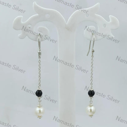 Pearl, Black Onyx Earrings, 925 Sterling Silver Dangle Earrings, Freshwater Pearl Black Onyx Round Beads Handmade Jewelry, Cute Gift for her