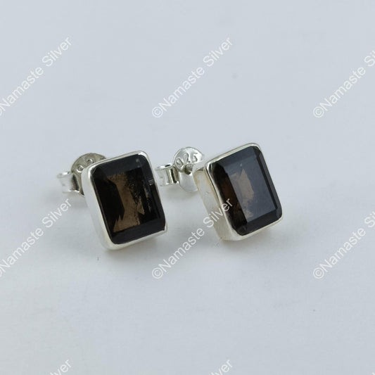 Smoky Quartz Earrings, 925 Sterling Silver Stud Posts, Natural Smoky Quartz Octagon Handmade Jewelry, November Birthstone, Cute Gift for Her