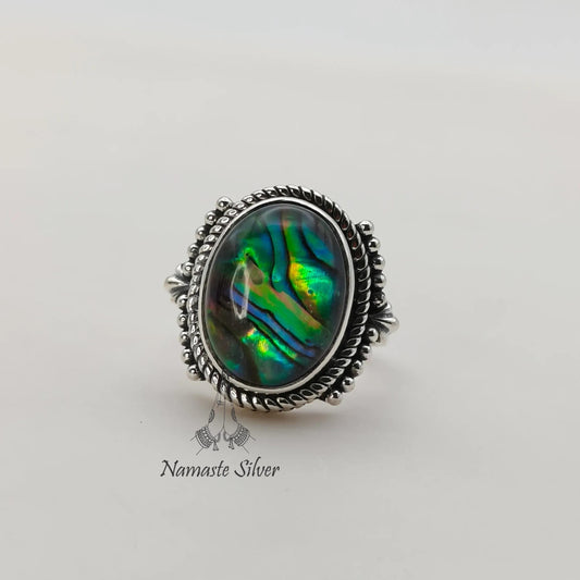 Abalone Shell Ring, 925 Sterling Silver Statement Promise Ring, Natural Blue Paua Shell Doublet Oval Handmade Jewelry, Colorful Gift for Her