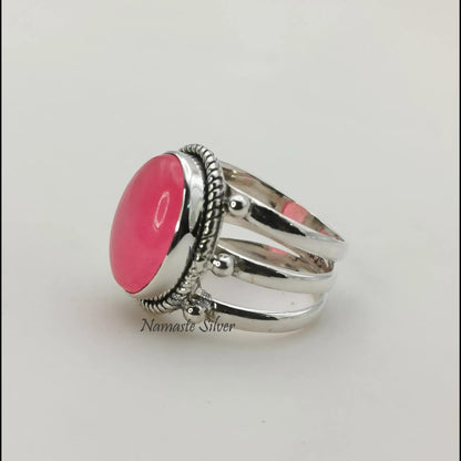 Pink Jade Ring, 925 Sterling Silver Promise Ring, Pink Jade Oval Gemstone Handmade Jewelry, Elegant Proposal Triple Ring Band, Gift for her