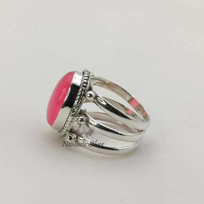 Pink Jade Ring, 925 Sterling Silver Promise Ring, Pink Jade Oval Gemstone Handmade Jewelry, Elegant Proposal Triple Ring Band, Gift for her