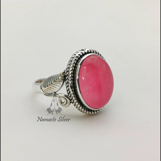 Pink Jade Ring, 925 Sterling Silver Promise Ring, Pink Jade Oval Gemstone Handmade Jewelry, Elegant Proposal Leaf Ring, Unique Gift for her
