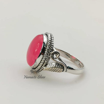 Pink Jade Ring, 925 Sterling Silver Promise Ring, Pink Jade Oval Gemstone Handmade Jewelry, Elegant Proposal Leaf Ring, Unique Gift for her