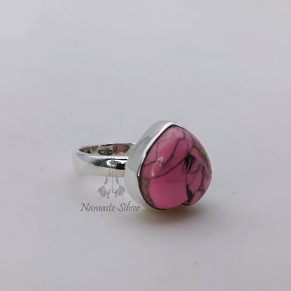 Pink Turquoise Ring, 925 Sterling Silver Promise Ring, Natural Pink Copper Turquoise Heart Shape Handmade Jewelry, Birthstone Gift For Her