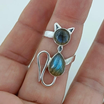 Labradorite Ring, 925 Sterling Silver Statement Promise Ring, Natural Labradorite Dual Gemstone Handmade Cat Jewelry, Gift for Car Lovers