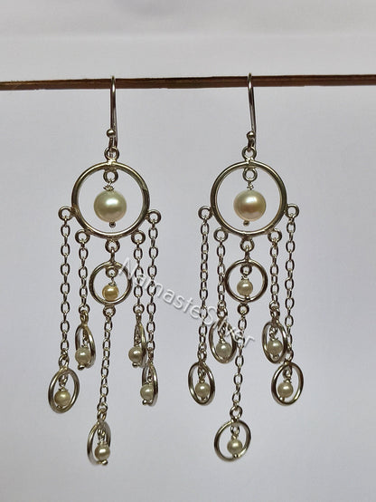 Pearl Earrings, 925 Sterling Silver Dangle Drop Handmade Boho Jewelry, Freshwater Pearl Chandelier Earrings, June Birthstone, Gift For Her