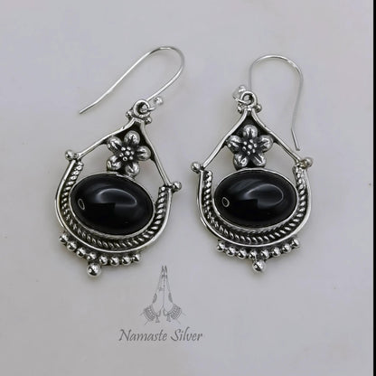 Black Onyx Earrings, 925 Sterling Silver Dangle Earrings, Natural Black Onyx Oval Gemstone Handmade Jewelry, July Birthstone, Gift for Her