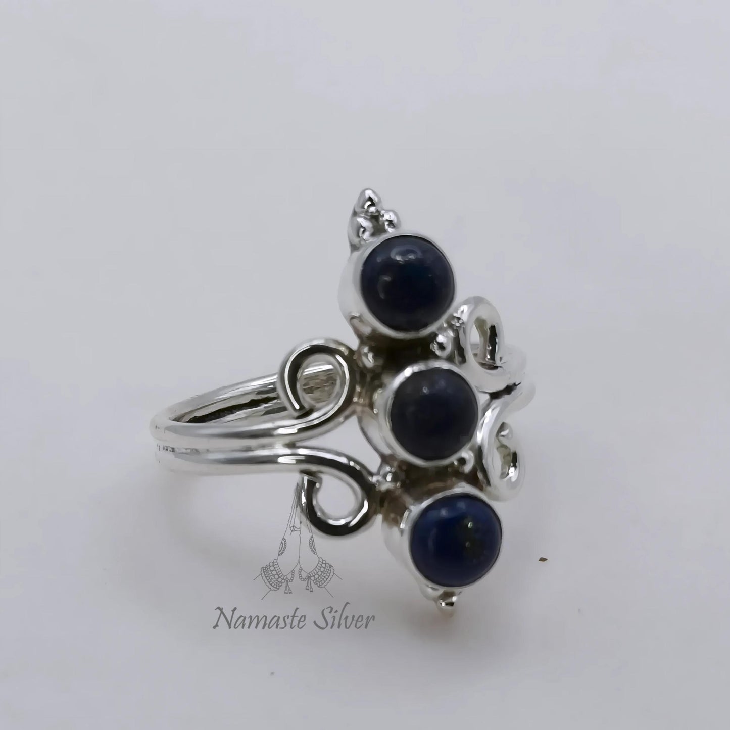 Lapis Lazuli Ring, 925 Sterling Silver Promise Ring, Natural Blue Triple Round Gemstone Handmade Jewelry, September Birthstone, Gift For Her