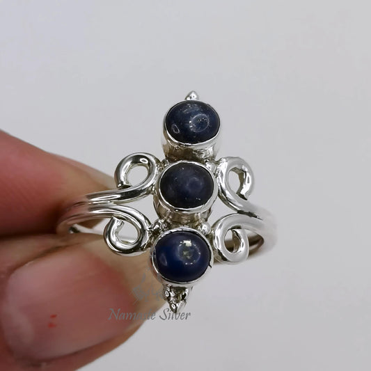 Lapis Lazuli Ring, 925 Sterling Silver Promise Ring, Natural Blue Triple Round Gemstone Handmade Jewelry, September Birthstone, Gift For Her