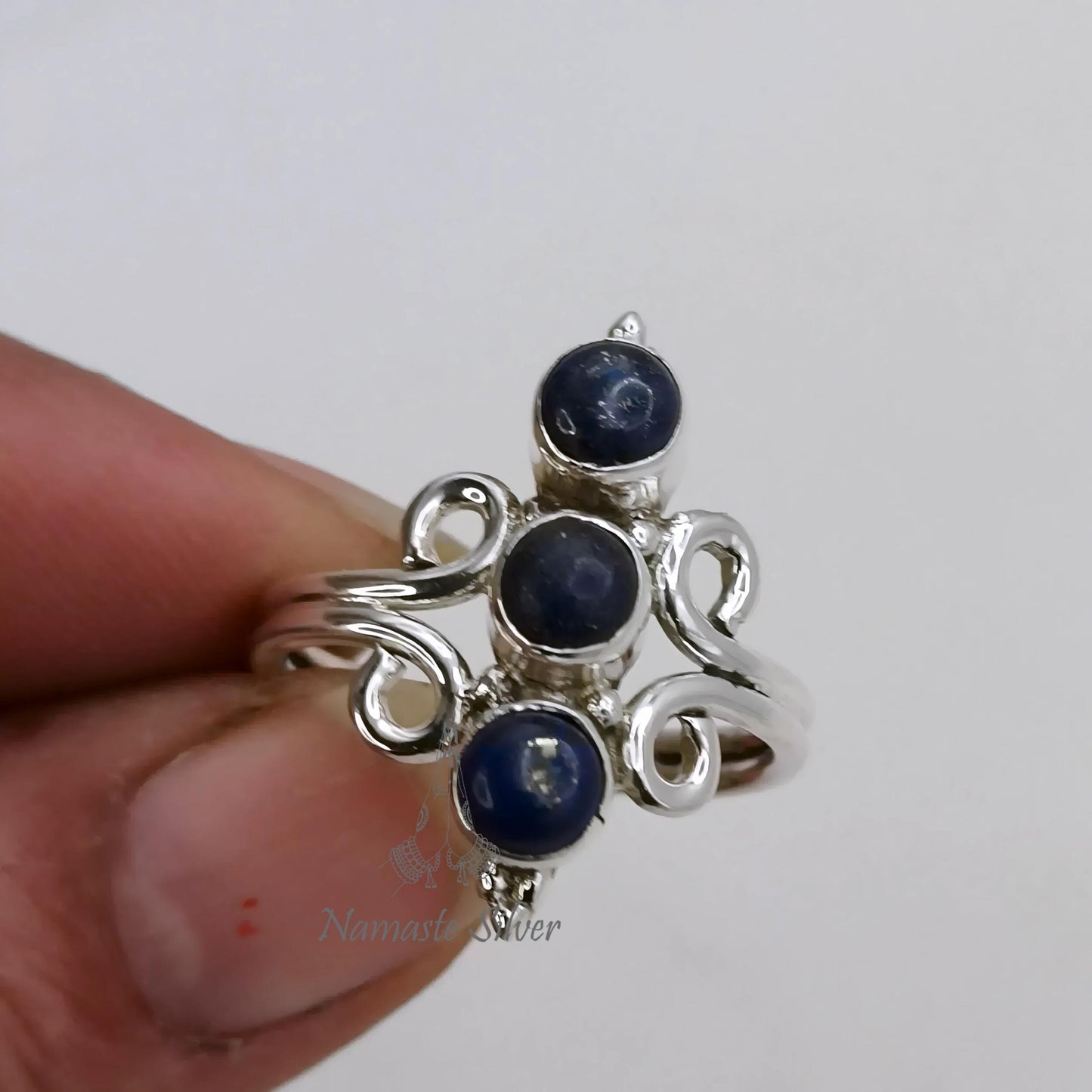 Lapis Lazuli Ring, 925 Sterling Silver Promise Ring, Natural Blue Triple Round Gemstone Handmade Jewelry, September Birthstone, Gift For Her
