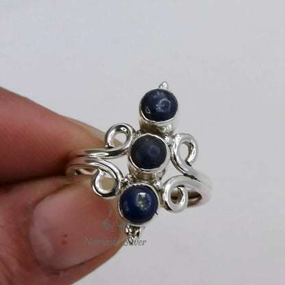 Lapis Lazuli Ring, 925 Sterling Silver Promise Ring, Natural Blue Triple Round Gemstone Handmade Jewelry, September Birthstone, Gift For Her