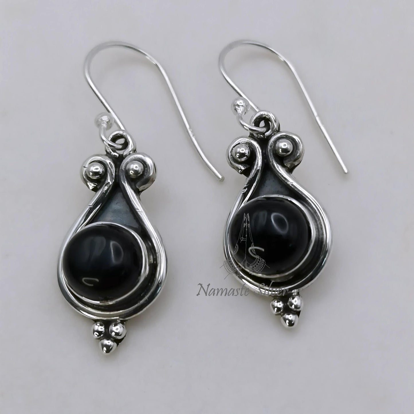 Black Onyx Earrings, 925 Sterling Silver Dangle Earrings, Natural Black Onyx Round Gemstone Handmade Jewelry, July Birthstone, Gift for Her