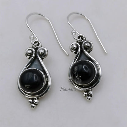Black Onyx Earrings, 925 Sterling Silver Dangle Earrings, Natural Black Onyx Round Gemstone Handmade Jewelry, July Birthstone, Gift for Her