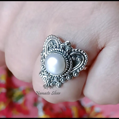 Pearl Ring, 925 Sterling Silver Promise Ring for Women, Freshwater Pearl Handmade Heart Shape Jewelry, June Birthstone, Unique Gift For Her