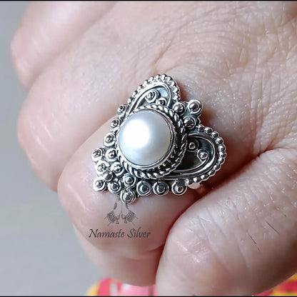 Pearl Ring, 925 Sterling Silver Promise Ring for Women, Freshwater Pearl Handmade Heart Shape Jewelry, June Birthstone, Unique Gift For Her