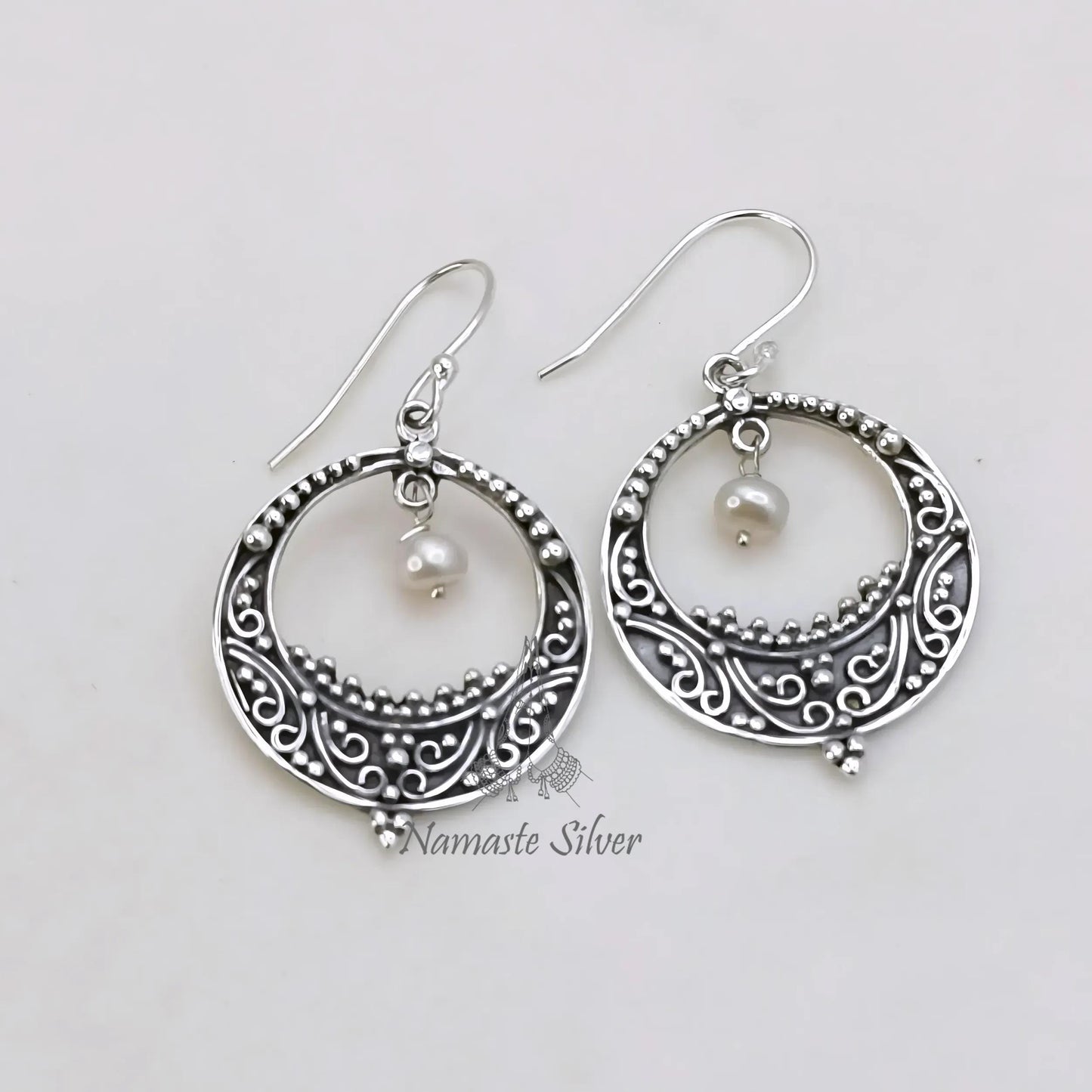 Pearl chandelier earrings, 925 Sterling Silver Dangle Earrings, Handmade Chandbali Earrings, Elegant Gift for Her, Crescent Moon Earrings