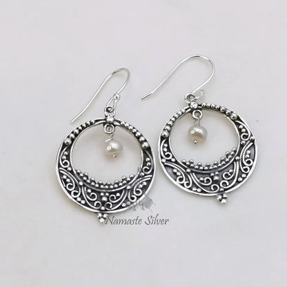 Pearl chandelier earrings, 925 Sterling Silver Dangle Earrings, Handmade Chandbali Earrings, Elegant Gift for Her, Crescent Moon Earrings
