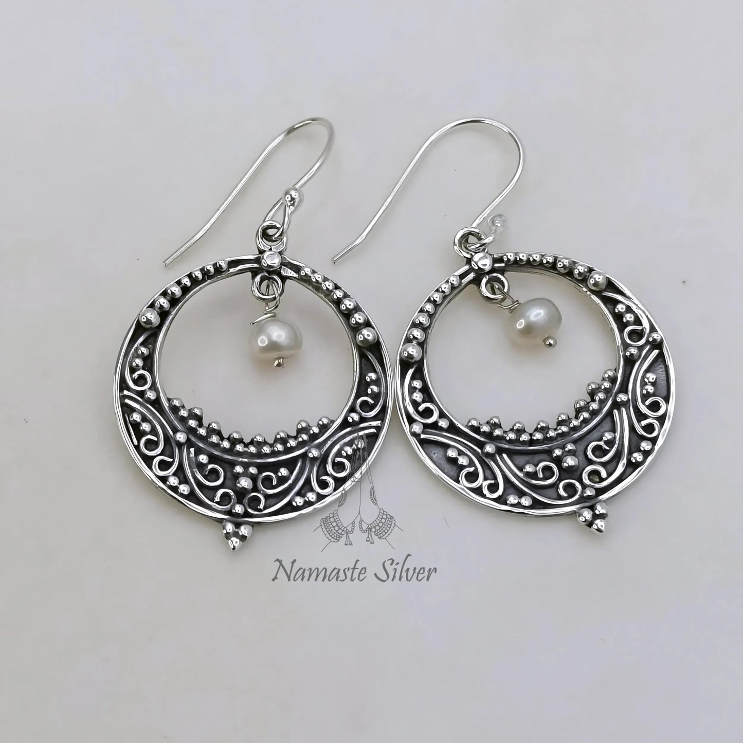 Pearl chandelier earrings, 925 Sterling Silver Dangle Earrings, Handmade Chandbali Earrings, Elegant Gift for Her, Crescent Moon Earrings