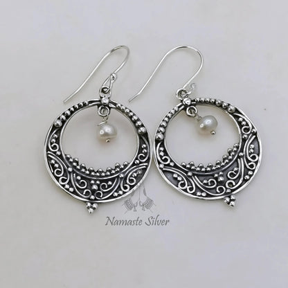 Pearl chandelier earrings, 925 Sterling Silver Dangle Earrings, Handmade Chandbali Earrings, Elegant Gift for Her, Crescent Moon Earrings