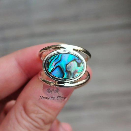 Abalone Shell Ring, 925 Sterling Silver Statement Promise Ring, Natural Ocean Seashell Oval Handmade Jewelry, Paua Shell Ring, Gift for her