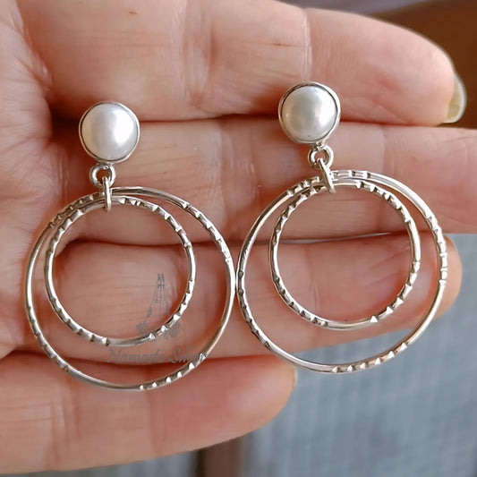 Freshwater Pearl Hoop Earrings, 925 Sterling Silver Double Hoop Dangles, Handmade Unique Jewelry for Women, July Birthstone Gift for Her