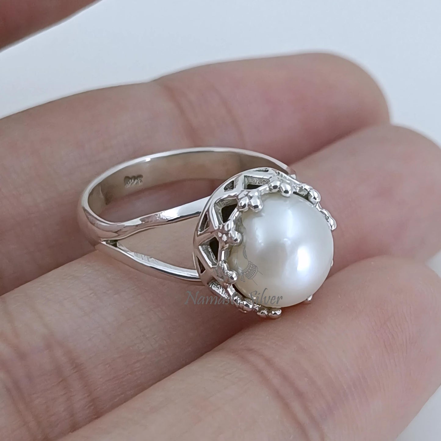 Pearl Ring, 925 Sterling Silver Statement Promise Ring for Women, Freshwater White Pearl Handmade Boho Jewelry, June Birthstone Gift for Her