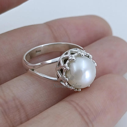 Pearl Ring, 925 Sterling Silver Statement Promise Ring for Women, Freshwater White Pearl Handmade Boho Jewelry, June Birthstone Gift for Her