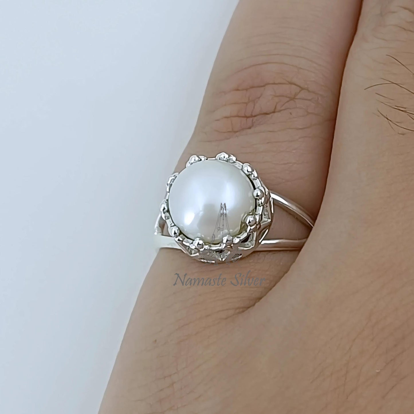Pearl Ring, 925 Sterling Silver Statement Promise Ring for Women, Freshwater White Pearl Handmade Boho Jewelry, June Birthstone Gift for Her