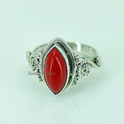 Coral Ring, 925 Sterling Silver Statement Promise Ring, Red Coral Marquise Gemstone Handmade Birthstone Jewelry, Elegant Gift For Her