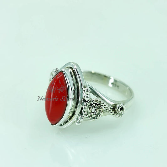 Coral Ring, 925 Sterling Silver Statement Promise Ring, Red Coral Marquise Gemstone Handmade Birthstone Jewelry, Elegant Gift For Her