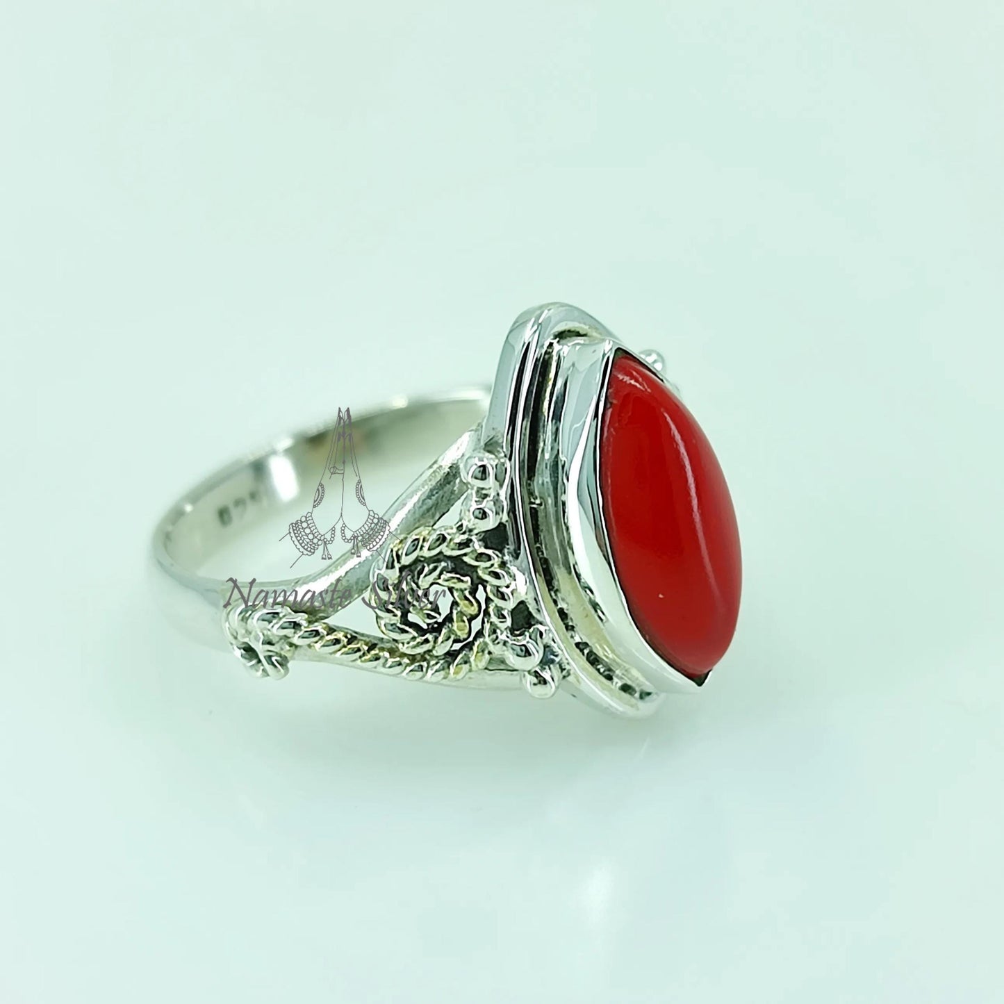 Coral Ring, 925 Sterling Silver Statement Promise Ring, Red Coral Marquise Gemstone Handmade Birthstone Jewelry, Elegant Gift For Her