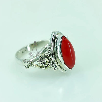 Coral Ring, 925 Sterling Silver Statement Promise Ring, Red Coral Marquise Gemstone Handmade Birthstone Jewelry, Elegant Gift For Her