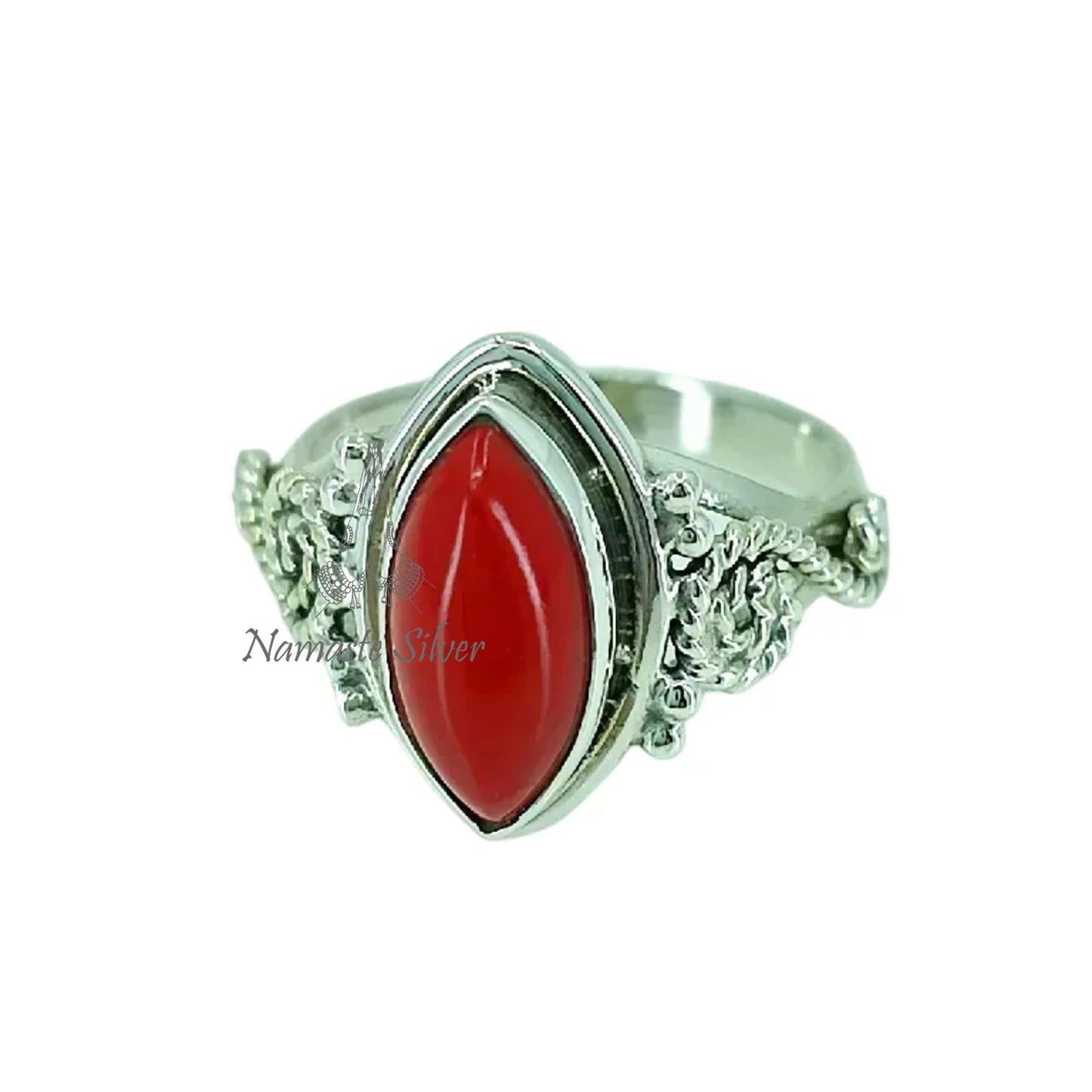 Coral Ring, 925 Sterling Silver Statement Promise Ring, Red Coral Marquise Gemstone Handmade Birthstone Jewelry, Elegant Gift For Her