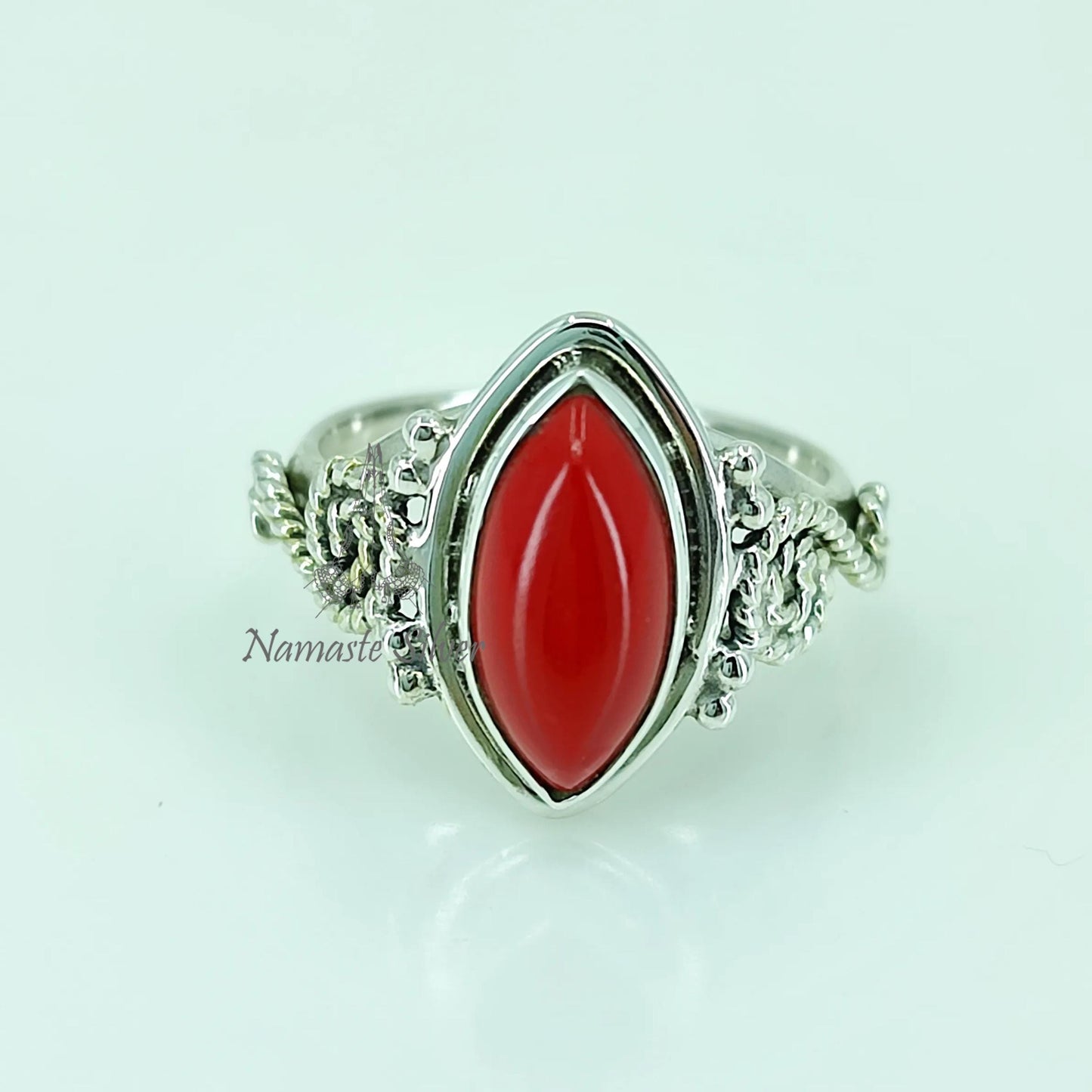 Coral Ring, 925 Sterling Silver Statement Promise Ring, Red Coral Marquise Gemstone Handmade Birthstone Jewelry, Elegant Gift For Her