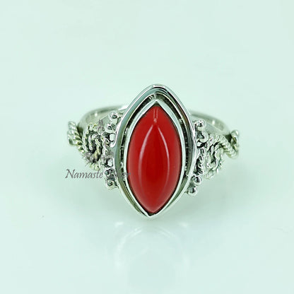 Coral Ring, 925 Sterling Silver Statement Promise Ring, Red Coral Marquise Gemstone Handmade Birthstone Jewelry, Elegant Gift For Her