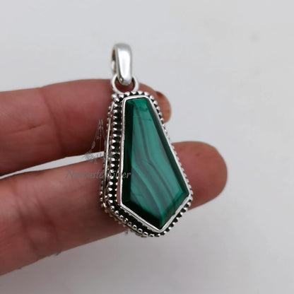 Malachite Coffin Pendant, 925 Sterling Silver Locket, Natural Green Malachite Coffin Gemstone Necklace Gothic Handmade Jewelry, Gift for Her