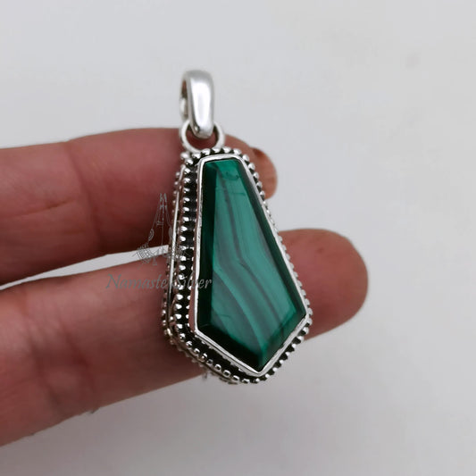 Malachite Coffin Pendant, 925 Sterling Silver Locket, Natural Green Malachite Coffin Gemstone Necklace Gothic Handmade Jewelry, Gift for Her