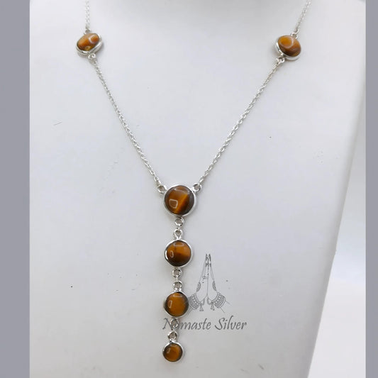 Tigers Eye Necklace, 925 Sterling Silver Pendant Y Chain Necklace, Natural Tiger's Eye Round Gemstone Handmade Jewelry, Elegant Gift for Her