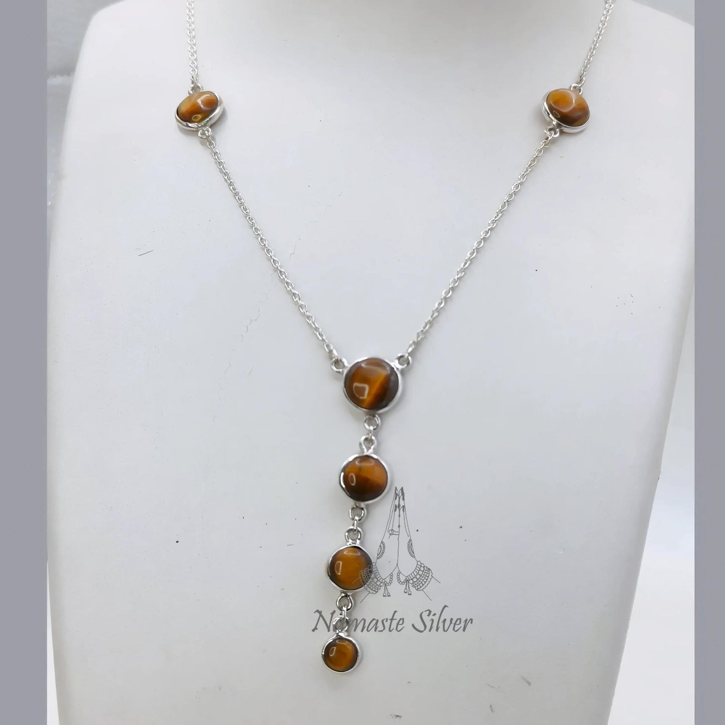 Tigers Eye Necklace, 925 Sterling Silver Pendant Y Chain Necklace, Natural Tiger's Eye Round Gemstone Handmade Jewelry, Elegant Gift for Her