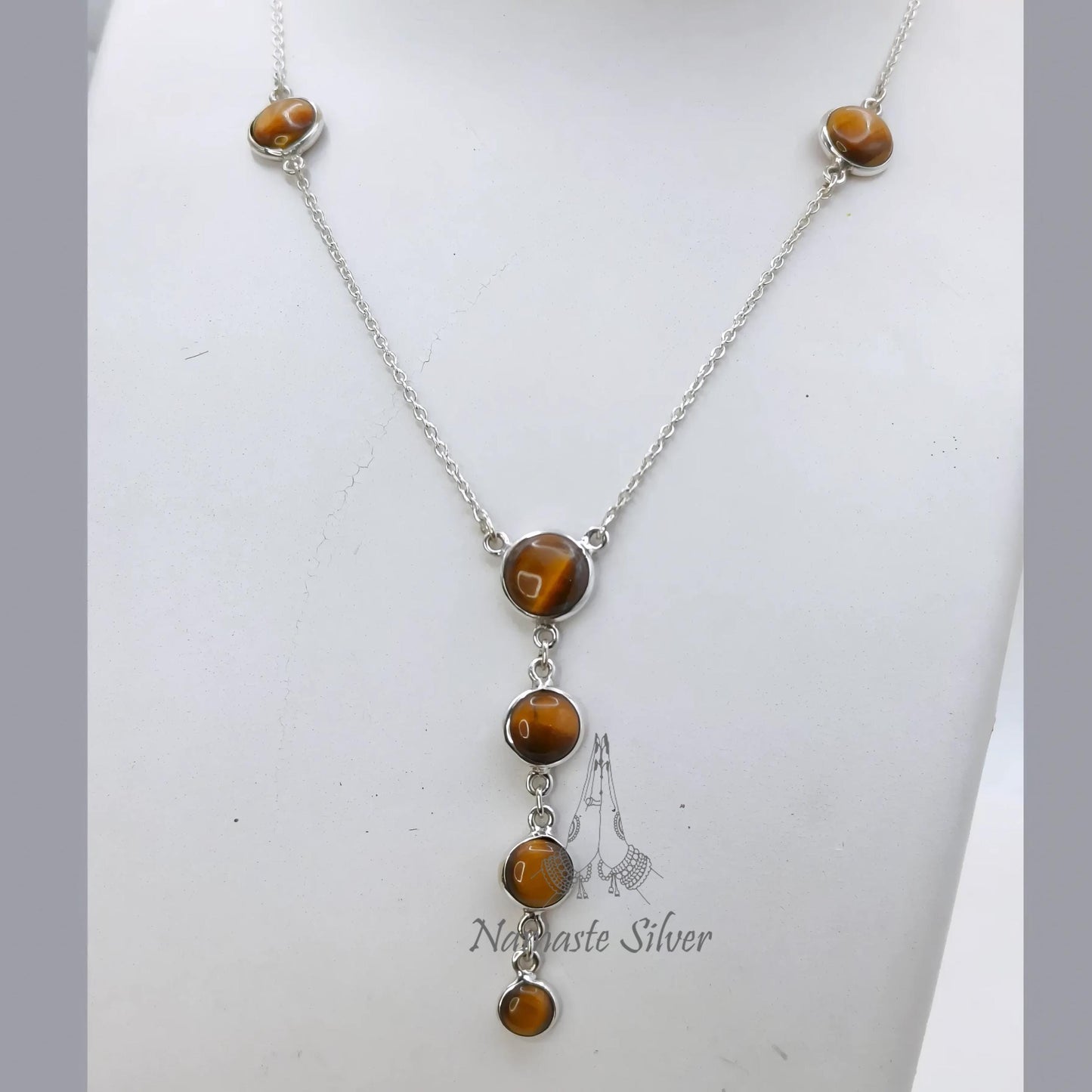 Tigers Eye Necklace, 925 Sterling Silver Pendant Y Chain Necklace, Natural Tiger's Eye Round Gemstone Handmade Jewelry, Elegant Gift for Her