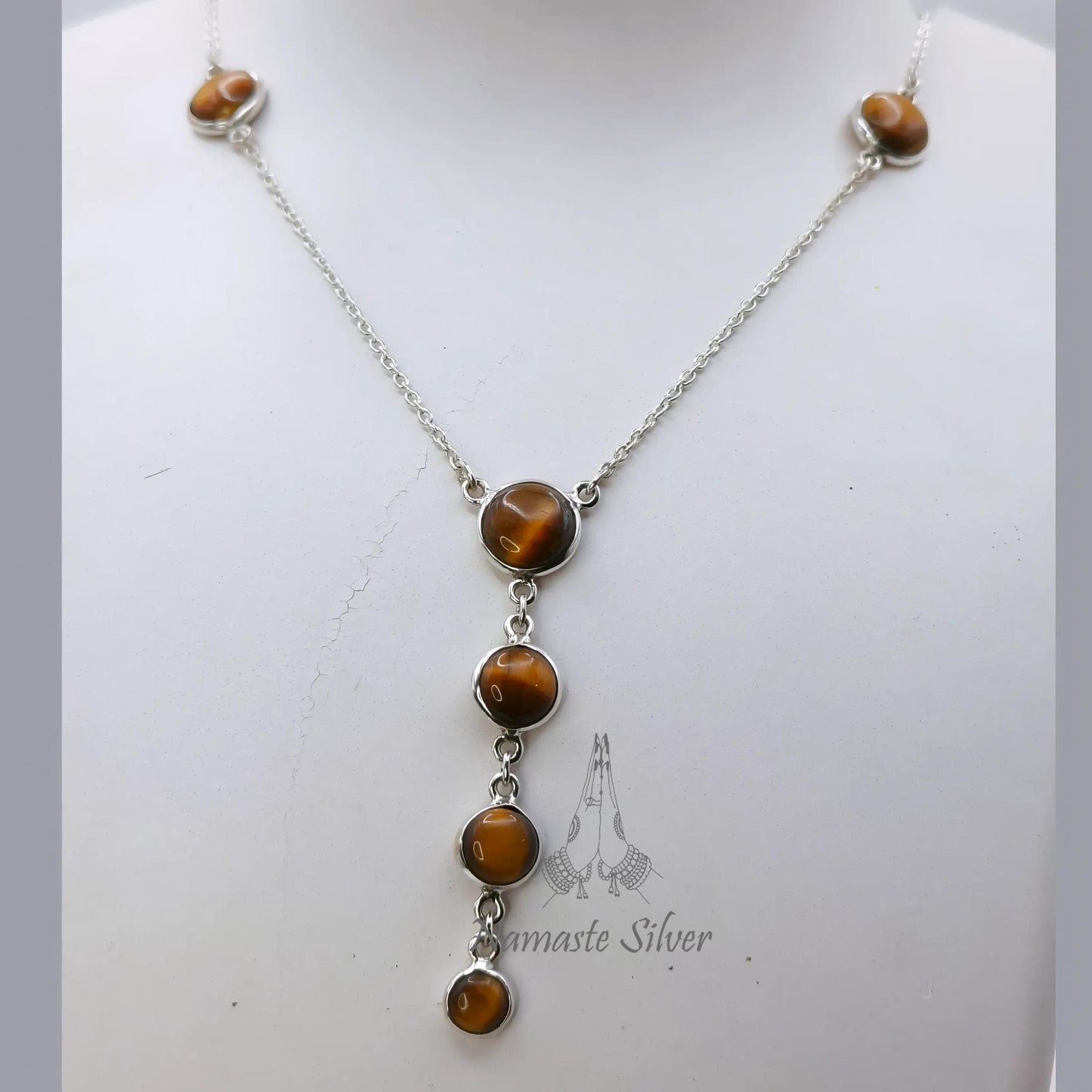 Tigers Eye Necklace, 925 Sterling Silver Pendant Y Chain Necklace, Natural Tiger's Eye Round Gemstone Handmade Jewelry, Elegant Gift for Her
