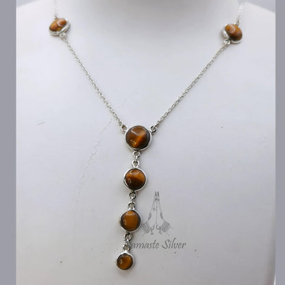 Tigers Eye Necklace, 925 Sterling Silver Pendant Y Chain Necklace, Natural Tiger's Eye Round Gemstone Handmade Jewelry, Elegant Gift for Her