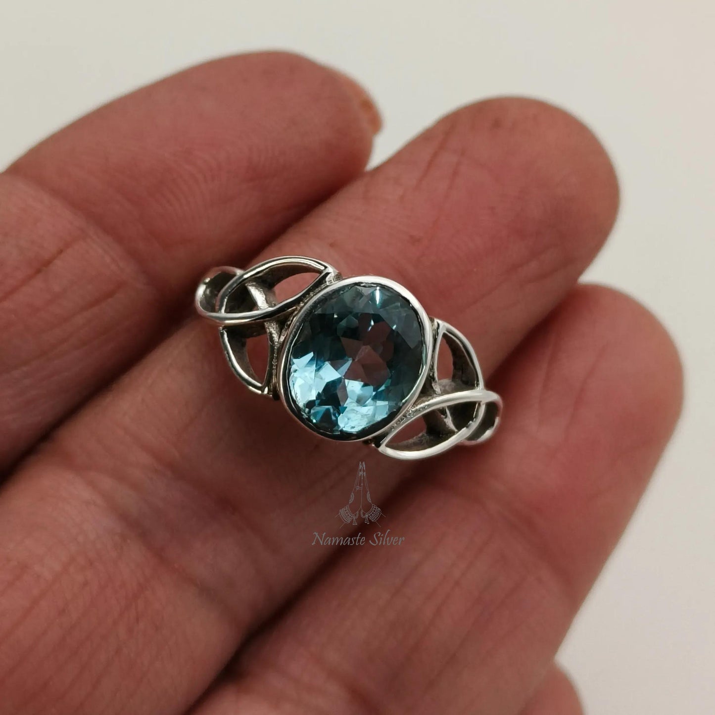 Blue Topaz Ring, 925 Sterling Silver Celtic Knot Ring, Natural Blue Topaz Oval Gemstone Handmade Jewelry, December Birthstone, Gift for Her