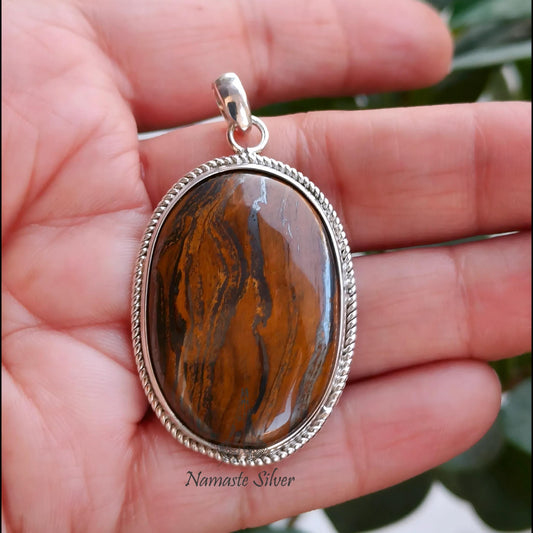 Pendant Tigers Eye, 925 Sterling Silver Locket, Natural Tiger's Eye Oval Gemstone Handmade Boho Jewelry, Unique Birthstone Gift for Her, Him
