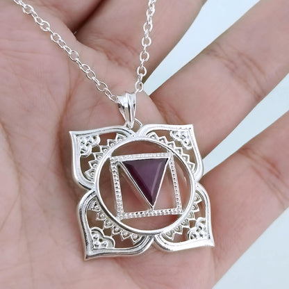 Root Chakra Necklace, 925 Sterling Silver Muladhara Chakra Pendant, Natural Ruby Gemstone Handmade Jewelry, Spiritual Healing Gift for Her