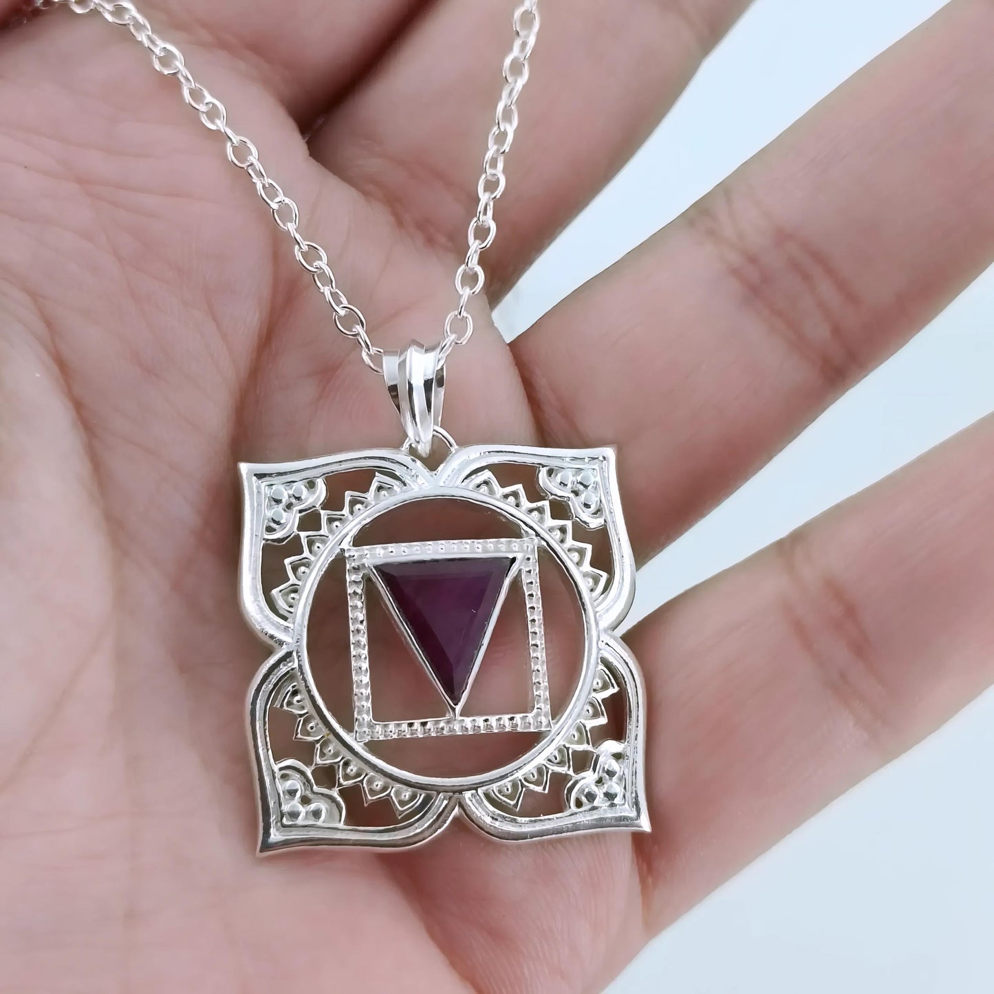 Root Chakra Necklace, 925 Sterling Silver Muladhara Chakra Pendant, Natural Ruby Gemstone Handmade Jewelry, Spiritual Healing Gift for Her