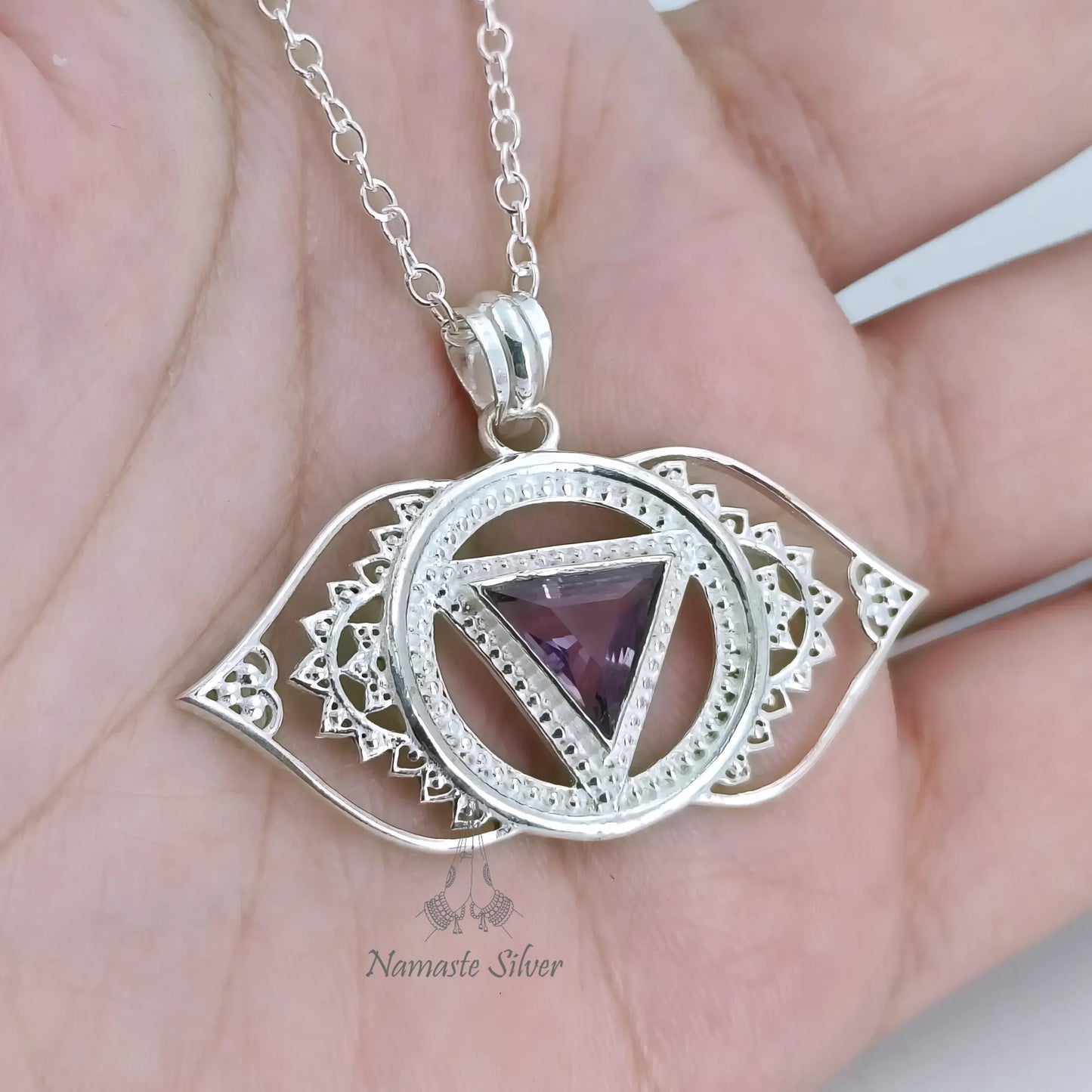 Third Eye Chakra Necklace, Sterling Silver Ajna Chakra Pendant, Natural Amethyst Gemstone Handmade Jewelry, Spiritual Healing Gift for Her