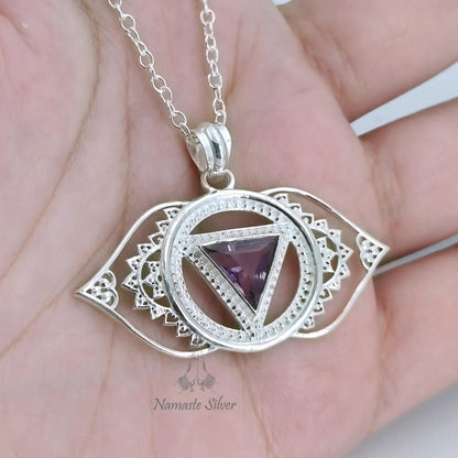 Third Eye Chakra Necklace, Sterling Silver Ajna Chakra Pendant, Natural Amethyst Gemstone Handmade Jewelry, Spiritual Healing Gift for Her
