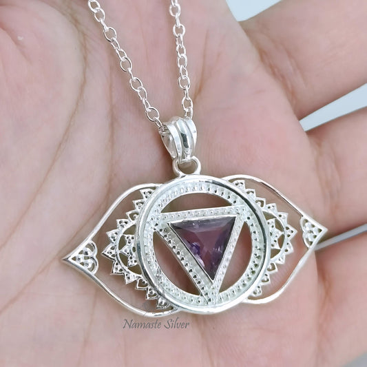 Third Eye Chakra Necklace, Sterling Silver Ajna Chakra Pendant, Natural Amethyst Gemstone Handmade Jewelry, Spiritual Healing Gift for Her
