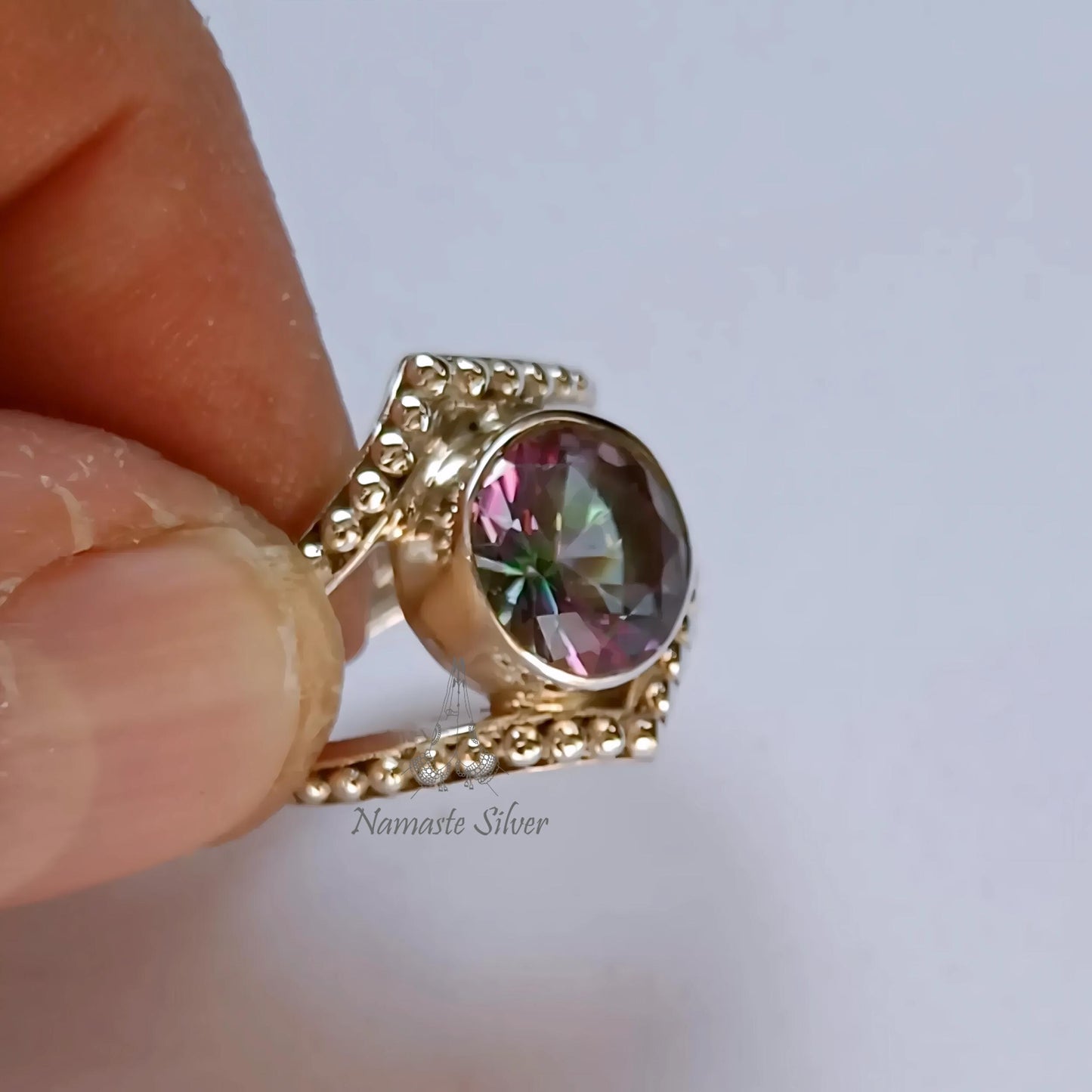 Aurora Mystic Topaz Ring, 925 Sterling Silver Statement Promise Ring, Mystic Topaz Round Gemstone Handmade Jewelry, November Birthstone Gift